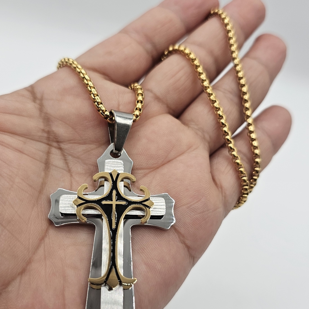 Stainless Steel Gold and Silver Cross Pendant Necklace